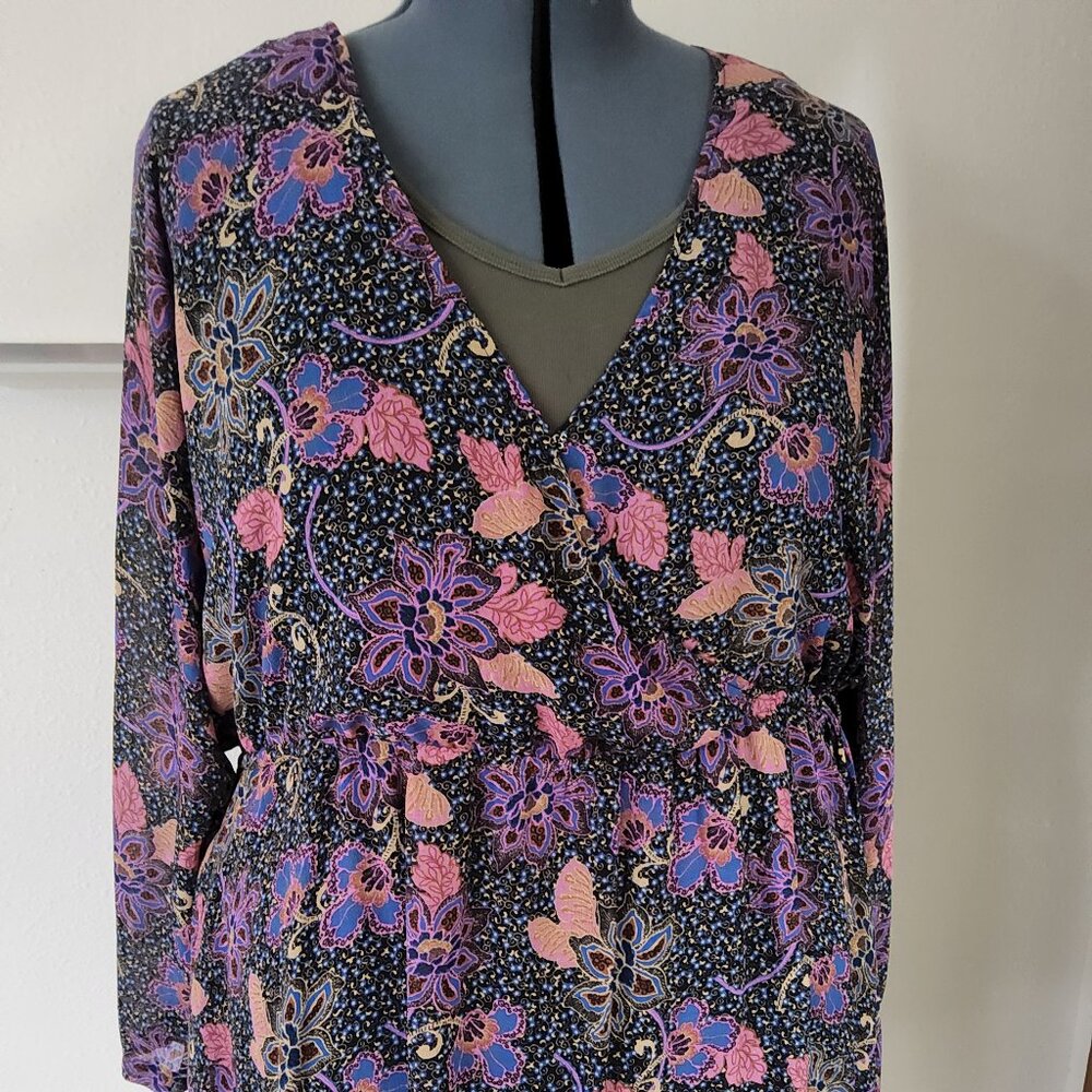 NEW Free People Teegan Long Sleeve Black  Floral Mini Dress Boho Flowy Size L